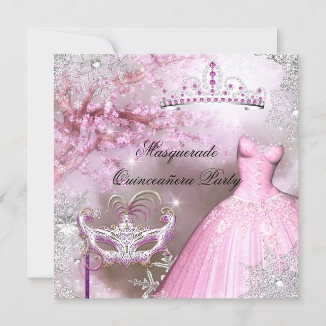 Magical Princess Quinceanera Masquerade Pink Invitation (Front)