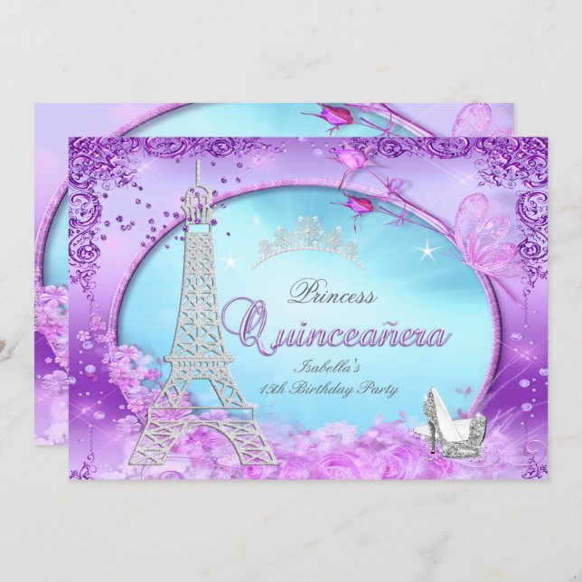 Magical Princess Quinceanera Purple Teal Blue Invitation (Front/Back)