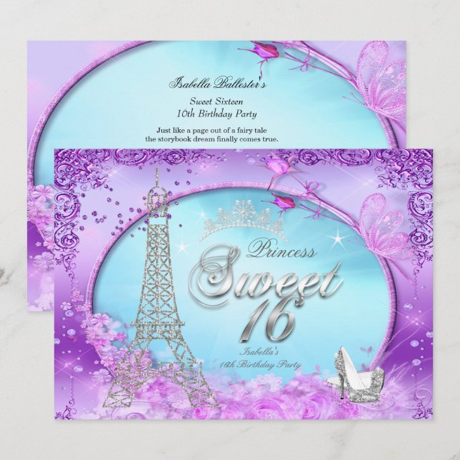 Magical Princess Sweet 16 Purple Teal Blue Invitation (Front/Back)