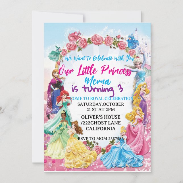 Magical Princess Theme Birthday Invite  (Front)