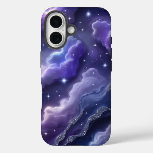 Magical Purple and Blue Nebula with Glitter Stars iPhone 16 Case