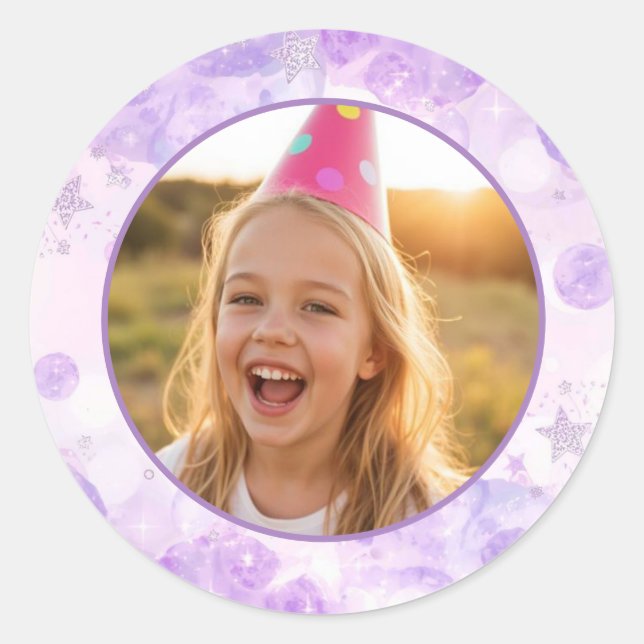 Magical Purple Bubbles Photo Birthday  Classic Round Sticker (Front)