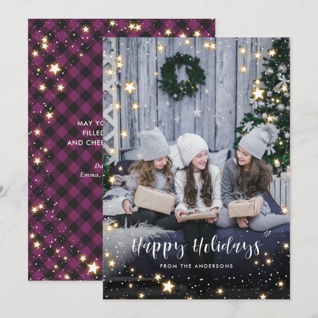 Magical Purple Buffalo Plaid Snow Stars Photo Holiday Card (Front/Back)