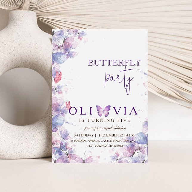 Magical Purple Butterfly 5th Birthday Invitation (Creator Uploaded)