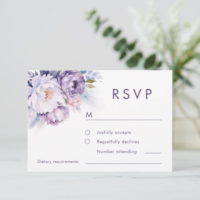 Magical Purple Florals Winter Wedding  RSVP Card (Standing Front)