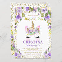 Magical Purple Gold Unicorn Floral Birthday Invite