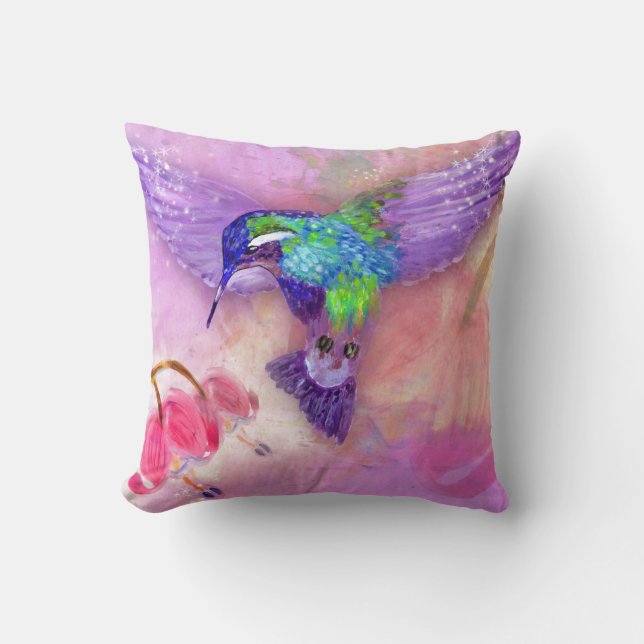 Magical purple hummingbird throw pillow (Front)