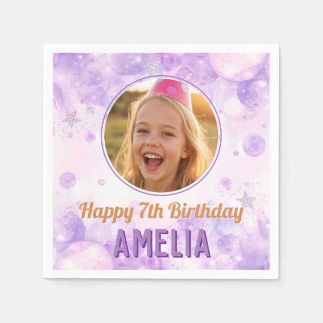 Magical Purple Photo Birthday Party  Napkins (Front)