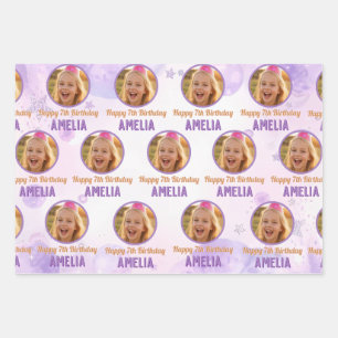 Magical Purple Photo Birthday Party Wrapping Paper Sheets