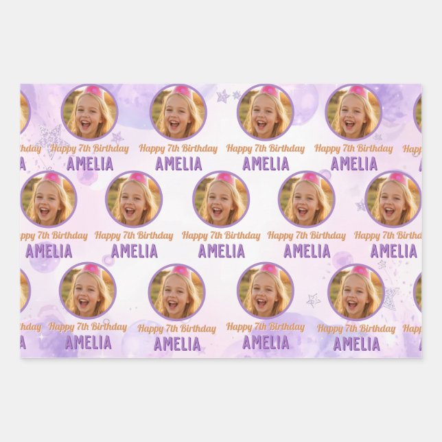 Magical Purple Photo Birthday Party  Wrapping Paper Sheets (Front)