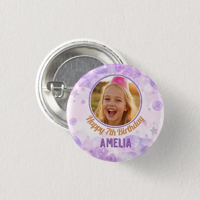 Magical Purple Photo Happy Birthday Party  Button (Front & Back)