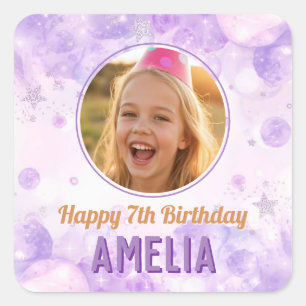 Magical Purple Photo Happy Birthday Party Square Sticker