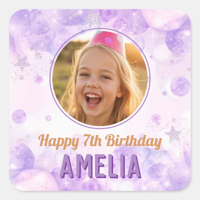 Magical Purple Photo Happy Birthday Party  Square Sticker (Front)