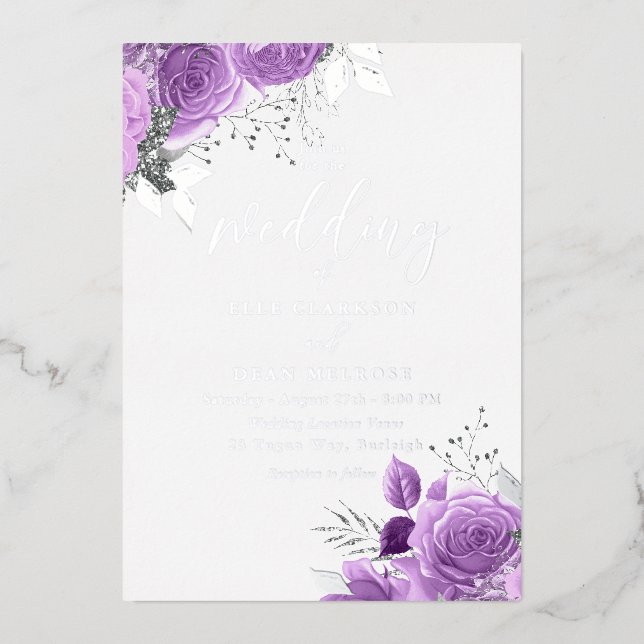 Magical Purple & Silver Foil Wedding Foil Invitation (Front)