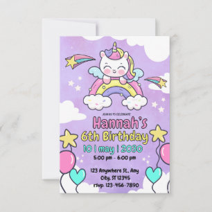 Magical Purple Unicorn 6th Birthday Invitation