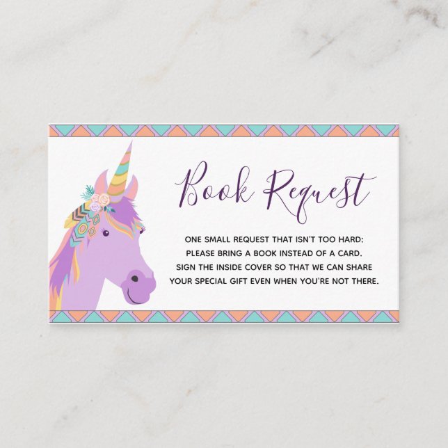 Magical Purple Unicorn Baby Shower Book Request Enclosure Card (Front)