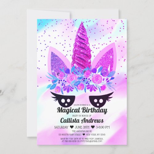 Magical Purple Unicorn Floral Glitter Birthday Invitation
