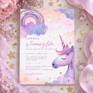 Magical Purple Unicorn Stars Girls Birthday Foil Invitation