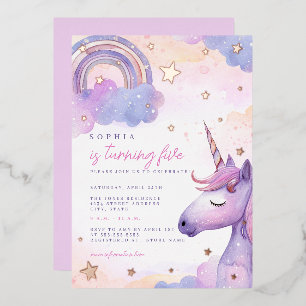 Magical Purple Unicorn Stars Girls Birthday Foil Invitation