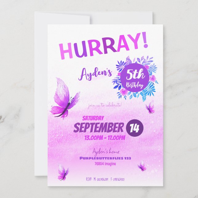 Magical Purple watercolor butterfly birthday Invitation (Front)