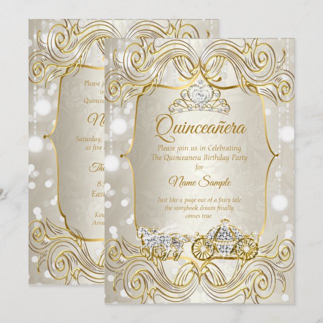 Magical Quinceanera carriage gold Beige Silver Invitation (Front/Back)