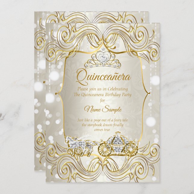 Magical Quinceanera carriage gold Beige Silver Invitation (Front/Back)