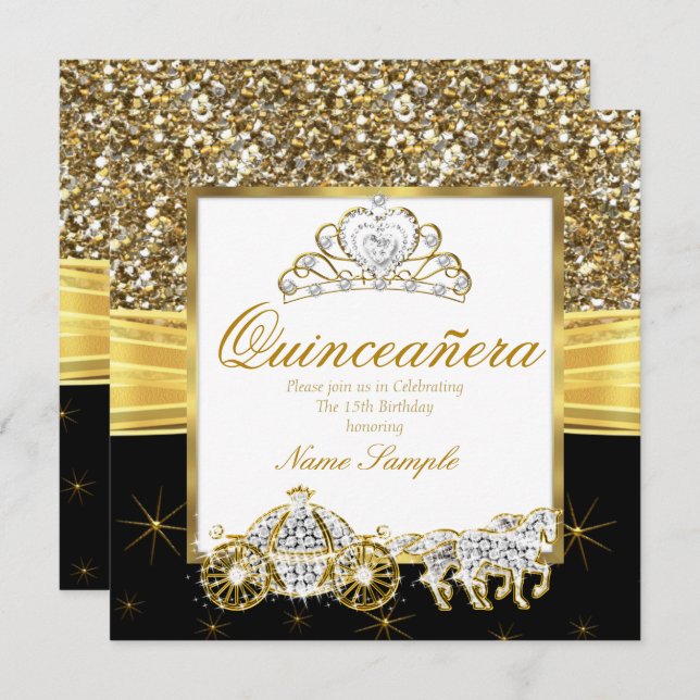 Magical Quinceanera Gold Black Horse Carriage Invitation (Front/Back)