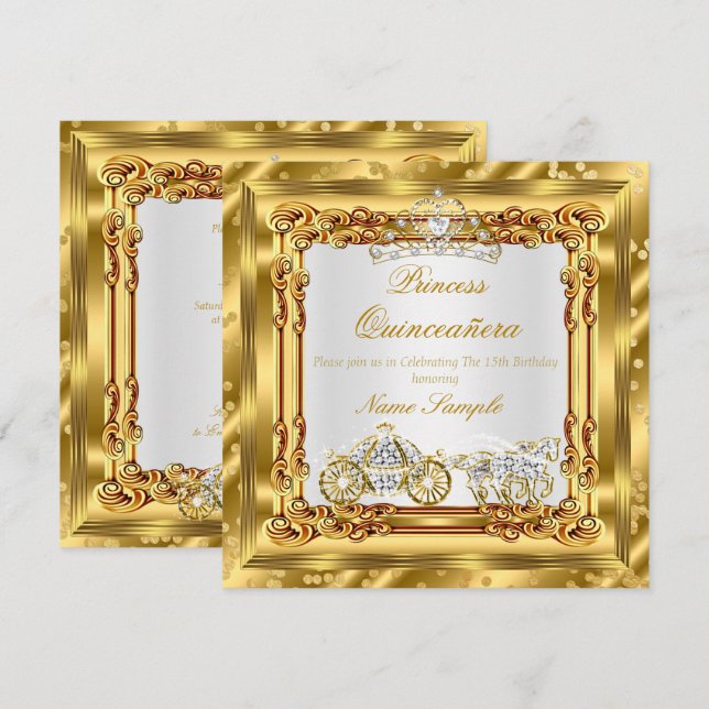 Magical Quinceanera Gold Diamond Horse Carriage Invitation (Front/Back)