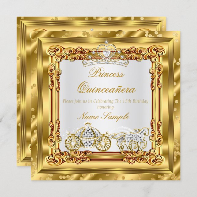 Magical Quinceanera Gold Diamond Horse Carriage Invitation (Front/Back)