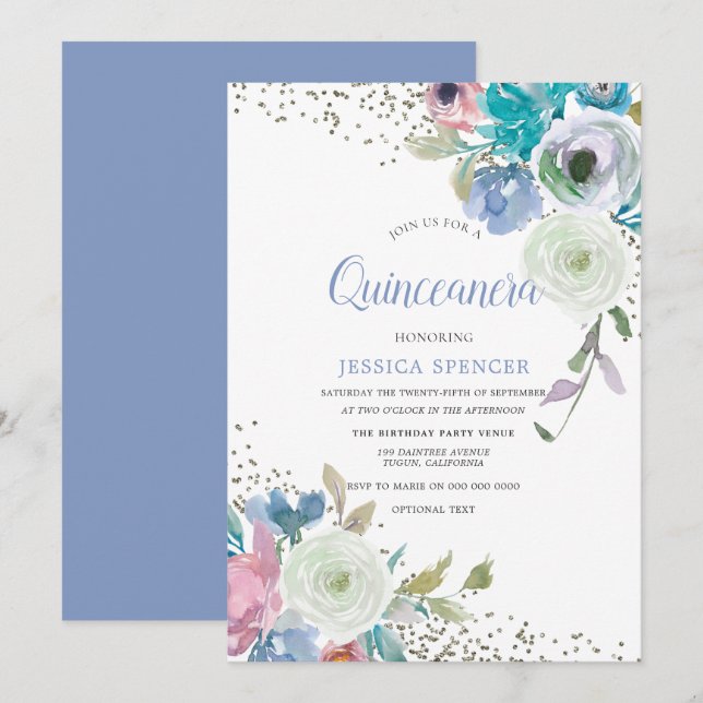 Magical Quinceanera: Mint Blue Sparkle Flowers Invitation (Front/Back)
