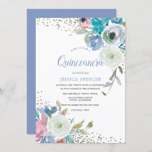 Magical Quinceanera: Mint Blue Sparkle Flowers Invitation