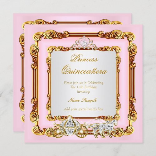 Magical Quinceanera Pink Gold Horse Carriage Invitation