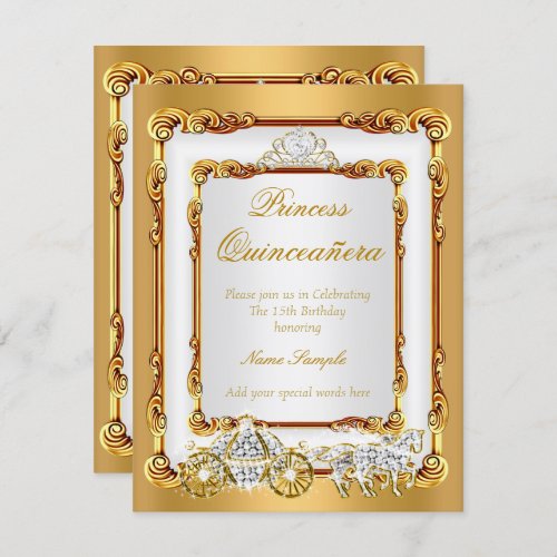 Magical Quinceanera White Gold Horse and Carriage Invitation