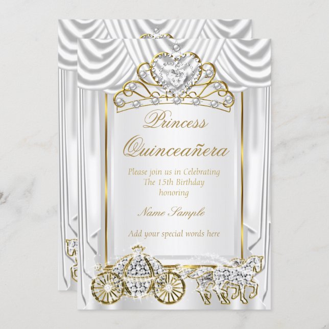 Magical Quinceanera White Gold Invitation (Front/Back)
