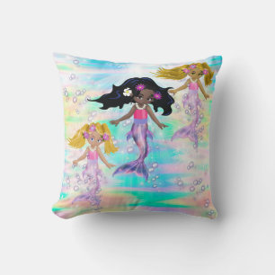 Magical Rainbow Bubbles & 3 Baby Mermaids Throw Pillow