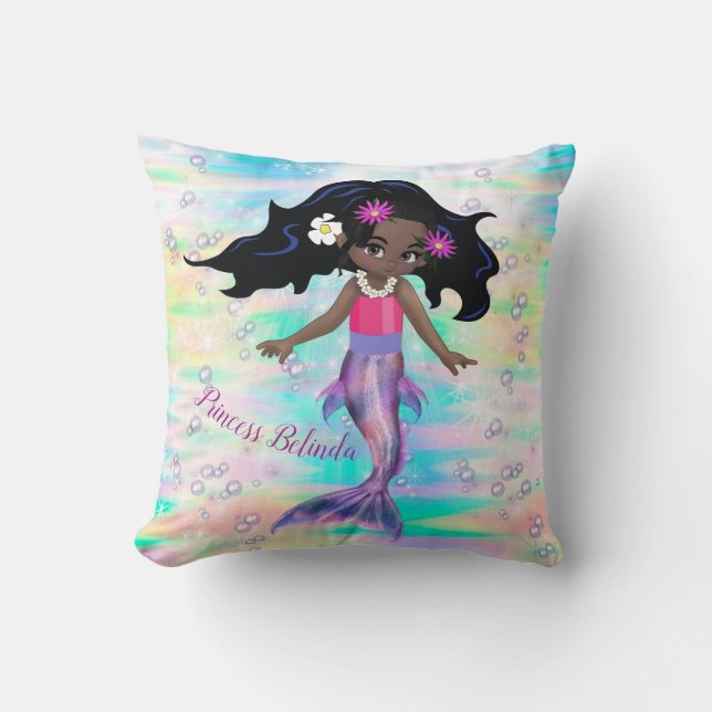 Magical Rainbow Bubbles & Baby Girl Mermaids Throw Pillow (Front)