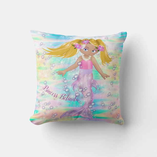 Magical Rainbow Bubbles & Baby Girl Mermaids Throw Pillow (Front)