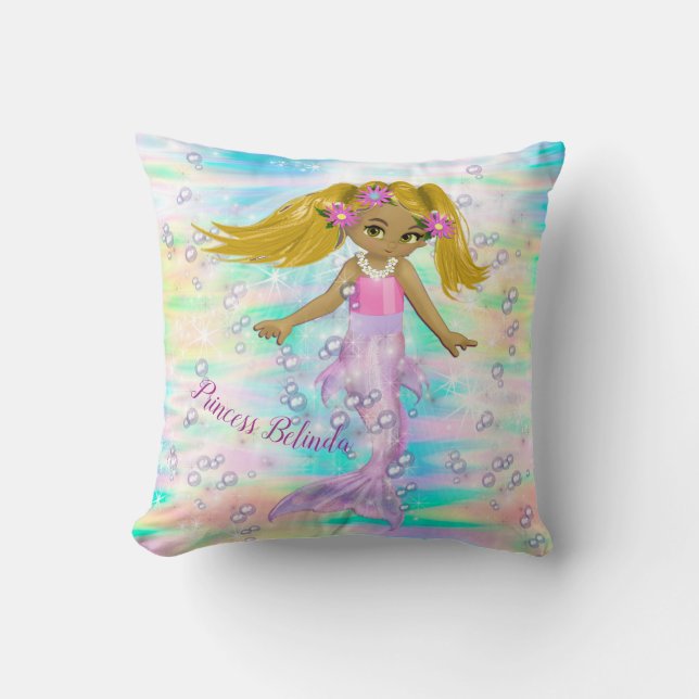 Magical Rainbow Bubbles & Baby Girl Mermaids Throw Pillow (Front)