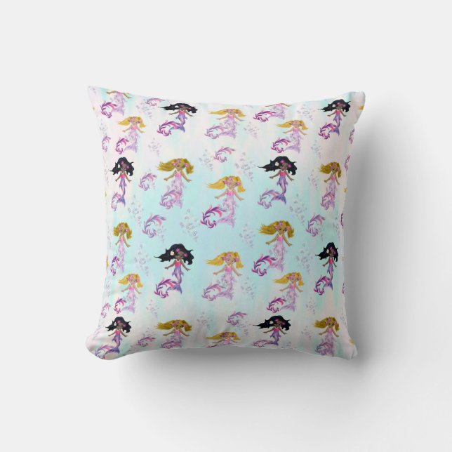 Magical Rainbow Bubbles & Baby Mermaids Throw Pillow (Front)