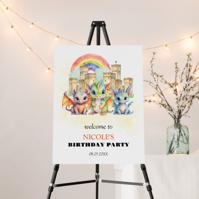 Magical Rainbow Castle Cute Baby Dragons Birthday Foam Board (In Situ (Stand))