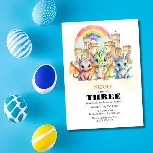 Magical Rainbow Castle Cute Baby Dragons Birthday Invitation