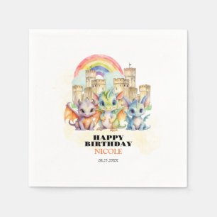 Magical Rainbow Castle Cute Baby Dragons Birthday Napkins