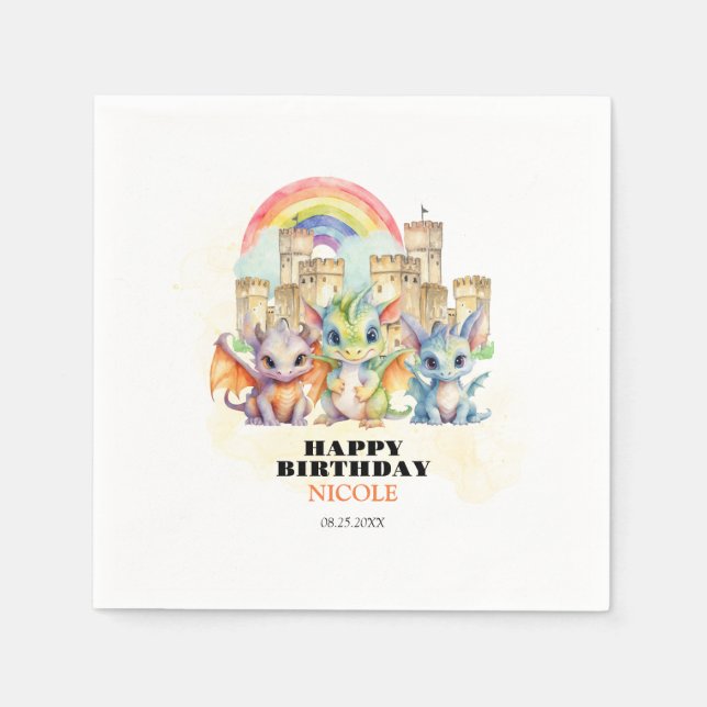 Magical Rainbow Castle Cute Baby Dragons Birthday Napkins (Front)