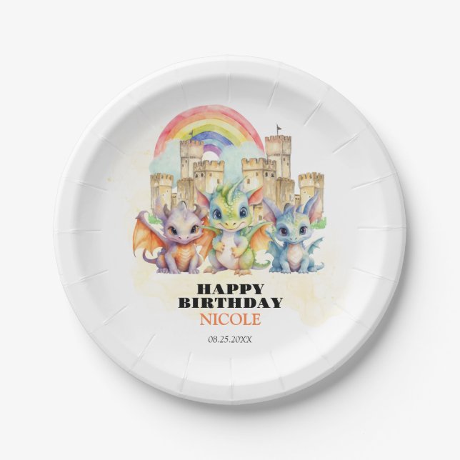 Magical Rainbow Castle Cute Baby Dragons Birthday Paper Plates (Front)