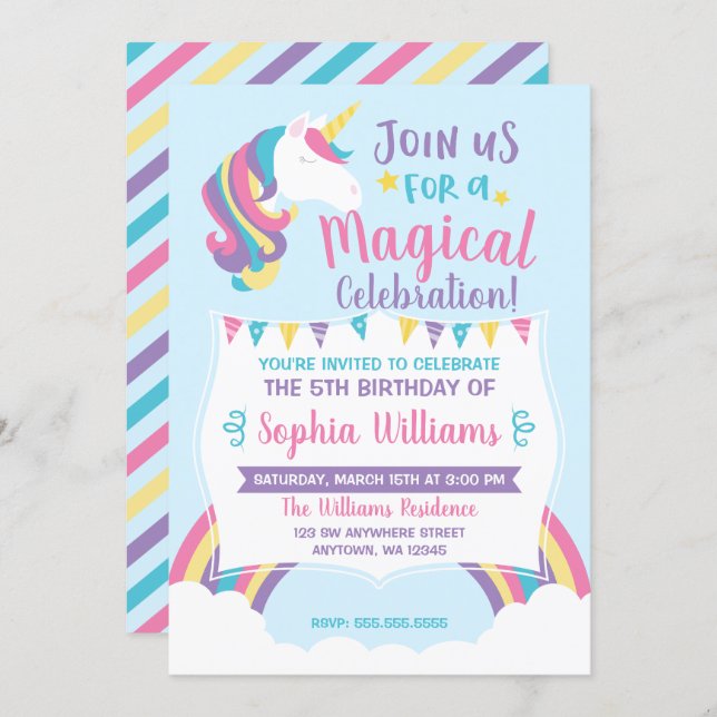 Magical Rainbow Cloud Unicorn Birthday Invitations (Front/Back)