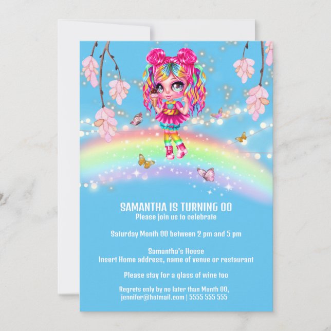 Magical rainbow girl fantasy shiny lights blue invitation (Front)