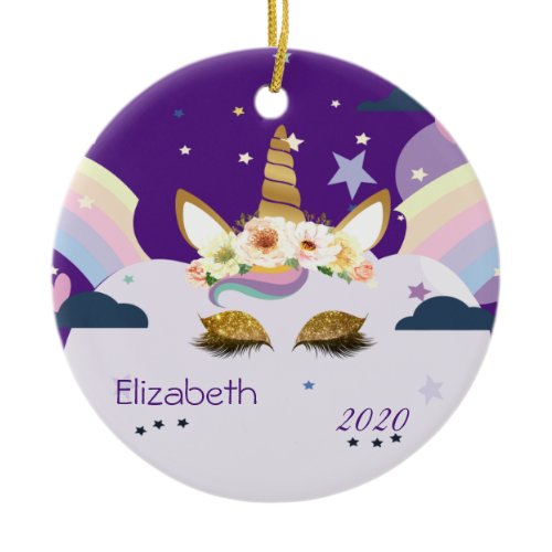 Magical Rainbow Gold Glitter Unicorn Stars,Clouds Ceramic Ornament