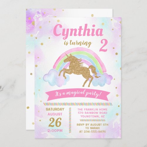 Magical Rainbow Gold Unicorn Birthday Invitation