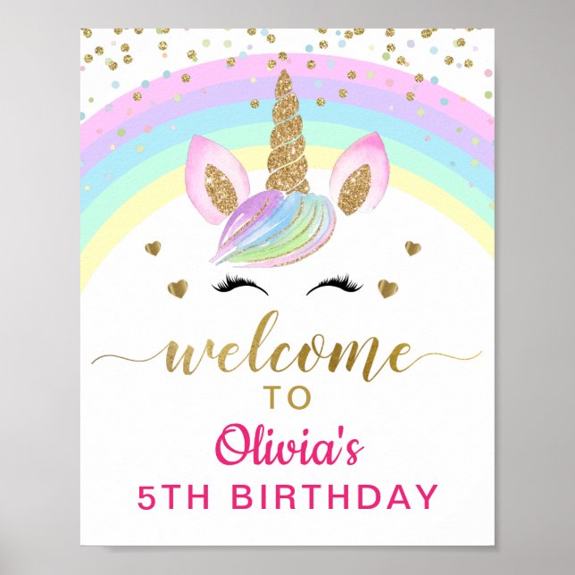 Magical Rainbow Gold Unicorn Birthday Welcome Sign (Front)
