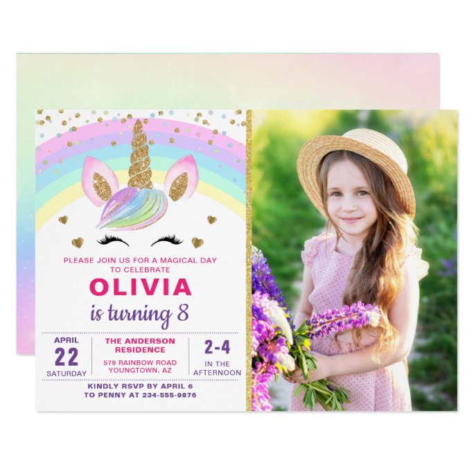 Magical Rainbow Gold Unicorn Girl Photo Birthday Invitation